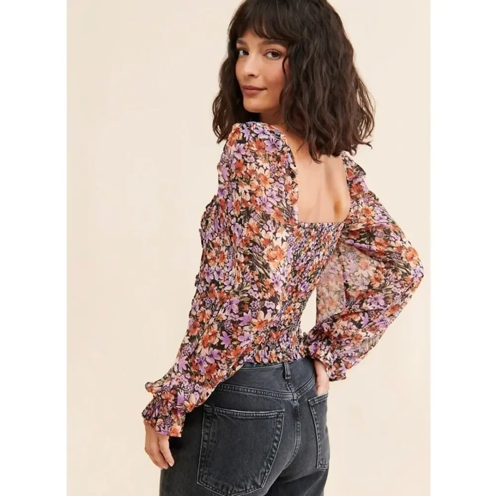 ASTR the Label Tonina Ruched Floral Puff Sleeve Blouse Size XL Cottage Romantic